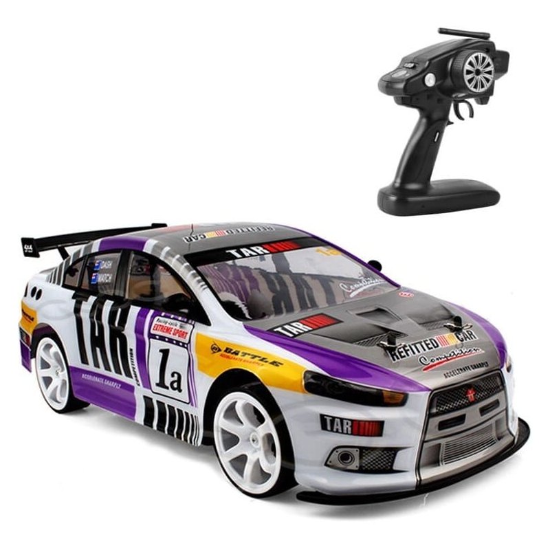Voiture RC drift Lancer EVO 1/10 blanche et violette avec sa radiocommande