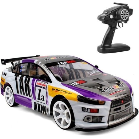 Voiture RC drift Lancer EVO 1/10 blanche et violette avec sa radiocommande