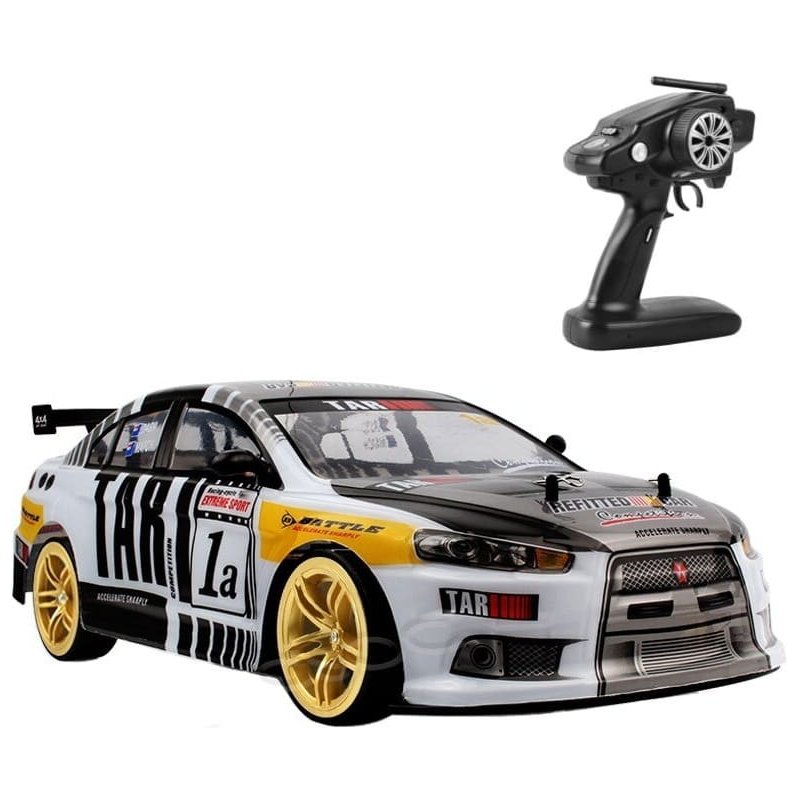Lancer EVO RC drift 1/10 vue de trois-quarts avec jantes dorées