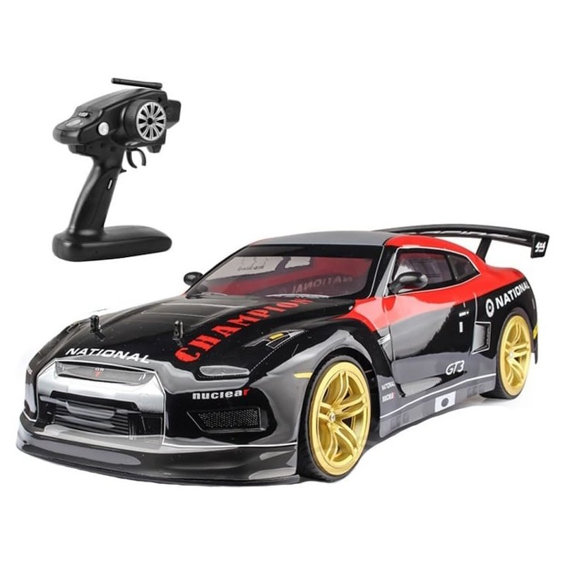Voiture RC drift GT3 1/10 noire et rouge à jantes dorées avec sa radiocommande