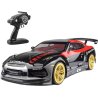 Voiture RC drift GT3 1/10 noire et rouge à jantes dorées avec sa radiocommande