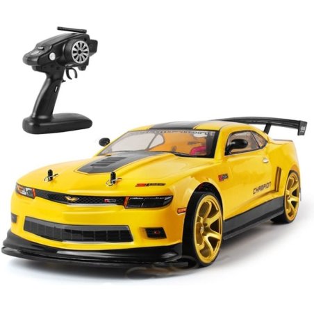 Voiture RC drift Camaro 1/10 jaune à jantes dorées avec sa radiocommande