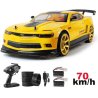 Contenu de la boîte de la Camaro RC drift : radiocommande, pneus, câble et batteries, 70 km/h