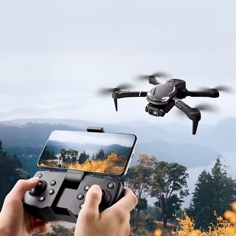 Drone Xiaomi V88 en vol en extérieur, pilote tenant la radiocommande avec retour vidéo sur smartphone